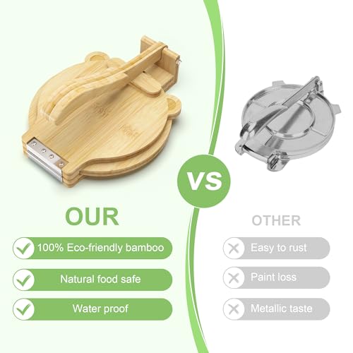 Bamboo Tortilla Press 10 inch Quesadilla Maker Wooden Corn Tortilla Maker Rotatable Roti Maker with 50Pcs Parchment Paper & Dough Cutter for Flour Mexican Taco Pataconera Dough Press (4.5\"-10\")
