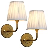 PERMO Set of 2 Vintage Gold Wall Sconces with White Pleated Fabric Shade – E26 Hardwired Wall Light for Bedroom, Living Room, Hallway, Bathroom, Entryway