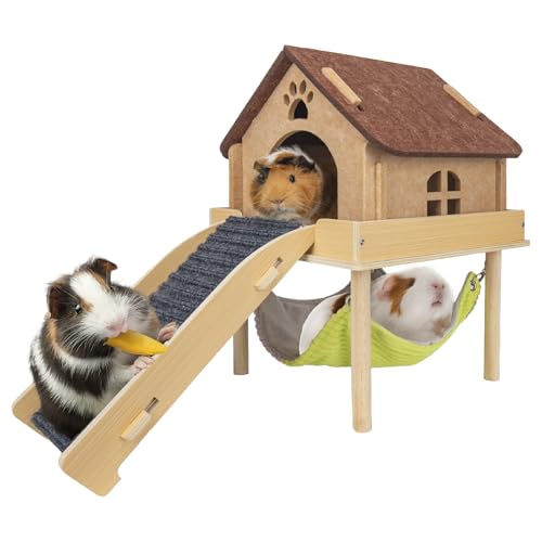 BESNEW 3 in 1 Enlarged Guinea Pig Hammock,Wooden Guinea Pig Hideout with House & Platform & Stairs Small Animal Toys for Hiding Sleeping Activities