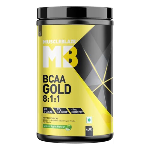 MuscleBlaze BCAA Gold 8:1:1 Powder, Green Apple (60 Servings, 450g) | With Higher Leucine, Electrolytes & Glutamine
