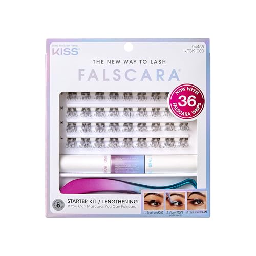 Falscara Lash Clusters Kit 36 Black Band At-Home Lash Extensions Starter Kit with Bond Seal and Applicator Lengthening 10mm - 12mm Reusable Underlash Wisps All-Day Wear (Remover Sold Separately)