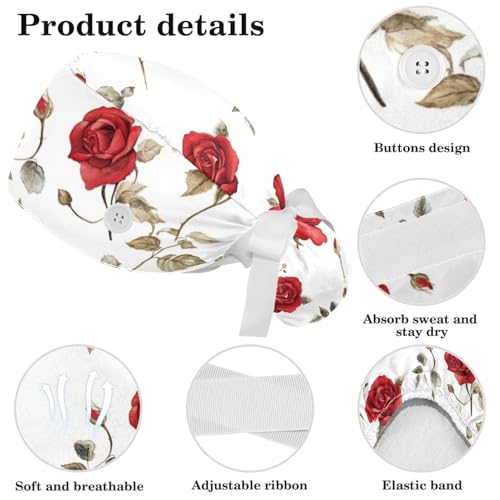 Image of Red Blooming Rose Flowers Black Working Cap with Scrunchy and Ribbon Tie for Women, Long Hair