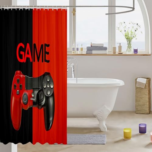 Image of Boys Shower Curtain Gaming Bathroom Shower Curtains Gamer Bath Curtain Red Black Bathroom Decor Kids Teens Video Game Gamepad Waterproof Cloth Fabric with 12 Hooks Bathroom Accessories 72x78 Inch