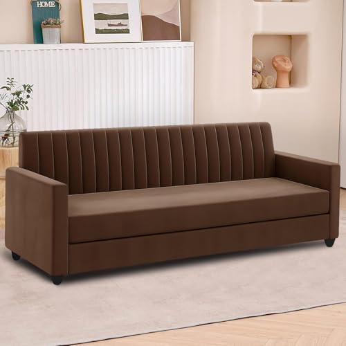 Image of Wooden Five Seater Sofa Set 3+2 with Ottoman Velvet Fabric Comfortable & Space-Saving Design for Living Room, Office & Guest Room - Brown