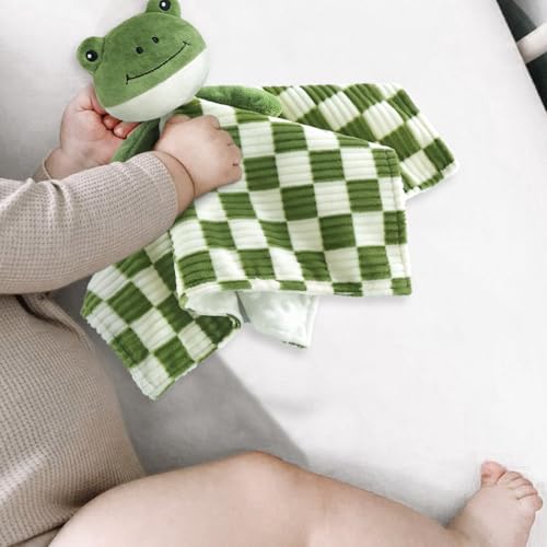 Image of Baby Lovey Blanket for Boys Girls Super Soft Checkerboard Gingham with Minky Dot Fabric Backing Frog Stuffed Animal Lovely Snuggle Toy Green 14 Inch