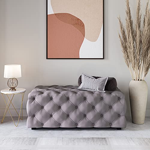 Image of BELLEZE Modern 46 Inch Rectangular Velvet Ottoman, Tufted Bench for Living Room, Bedroom or Entryway Seating, Vintage Style Upholstered Footrest - Zayne (Gray)