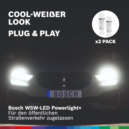 Bosch W5W-Powerlight+ - Nachrüst-LED-Lampen - 12 V, 6000 K, cool-weißes Licht, Plug-and-Play-Upgrade, bis zu 10000 Std. Lebensdauer, 2 Stück