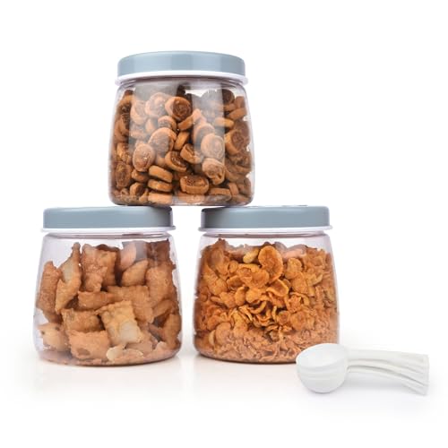 Image of FLAIR Cubics Airtight Food Storage Containers Set of 3 (1000ml each) with Spoon - Blue, BPA-Free, PET Plastic Jars, Space-Saving for Pantry, Snacks