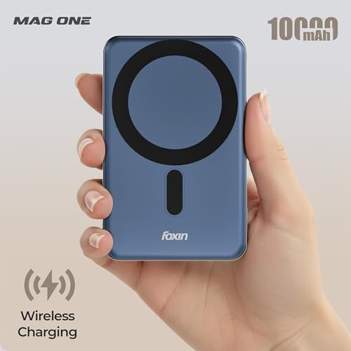 Image of Foxin Mag One Wireless 10000mAh Fast Charging Power Bank with Metal Stand | USB Type C Input & Output, 22.5W Portable Charger for iPhone 12 & Above, Android & Qi Enabled Devices | Stellar Blue