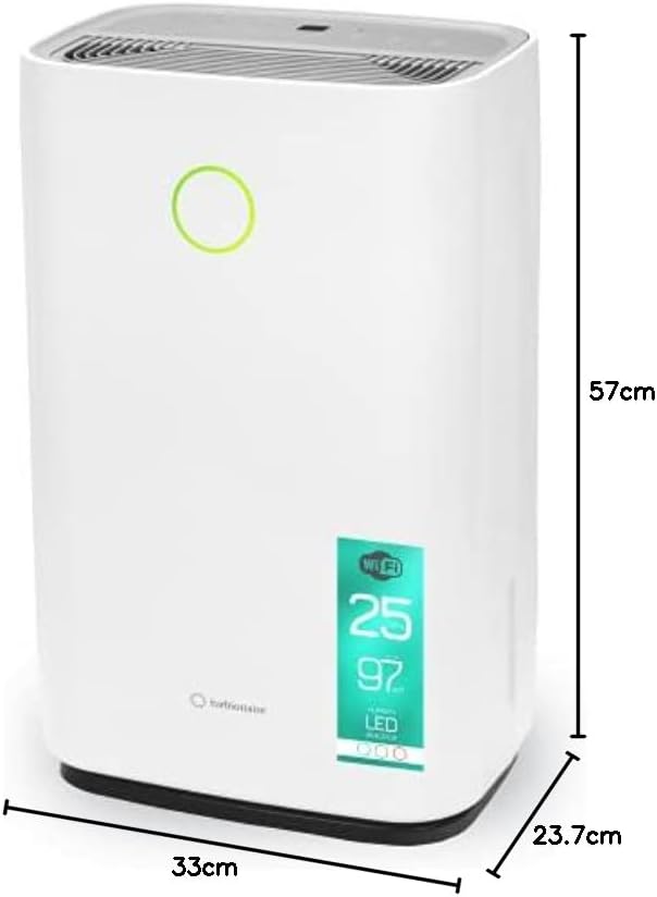 Dehumidifier dimensions: 33cm width, 23.7cm depth, 57cm height