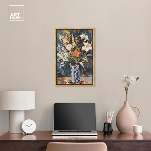 Image of Art Remedy Blue Floral Vase Canvas Floral Vase Wall Art, Gold Frame, 16 inch x 24 inch