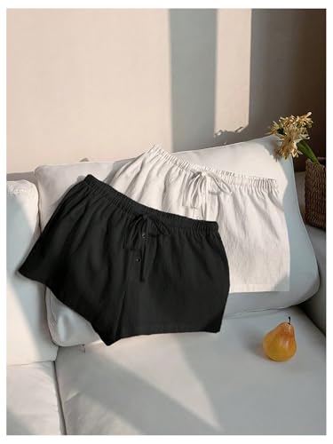 Image of MakeMeChic Women's 2 Pack Linen Shorts Striped Gingham Summer Beach Pajama Boxer Shorts