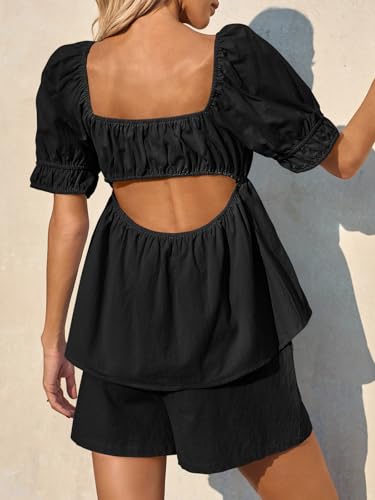 Image of Tankaneo Womens 2 Piece Outfits Summer Square Neck Short Puff Sleeve Babydoll Tops and Shorts Matching Set