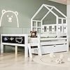 Meraxfullsizewoodhousebedwithstoragedrawersdoublesidedblackboardsandguardrailsforchildrensroommontessoriplatformbedframeforboysgirlsteenssolidwoodenslatssupportwhite  Urban Country Home Decor Merax full size wood house bed with storage drawers double sided blackboards and guardrails for childrens room montessori platform bed frame for boys girls teens solid wooden slats support white  urban country home decor