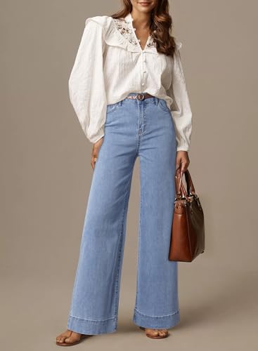 Image of Dokotoo Women's Casual High Waisted Jeans Stretch Wide Leg Loose Denim Pant