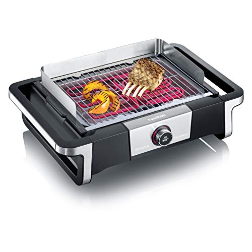 SEVERIN Barbacoa SENOA DigitalBOOST con parrilla de acero inoxidable, parrilla eléctrica con pantalla OLED digital, mini barbacoa sin riesgo de quemaduras, negro, PG 8114