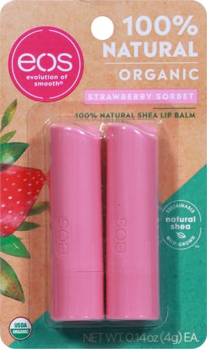 Image of eos 100% Natural & Organic Lip Balm Sticks - Strawberry Sorbet, All-Day Moisture for Sensitive Skin, Dermatologist Recommended, 0.14 oz, 4-Pack