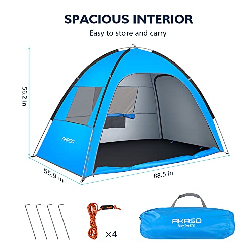 Image of AKASO Beach Tent, Outdoor Sun Shelter UPF 50+ Sun Shade Canopy Cabana Beach Umbrella Lightweight and Easy to Carry Fit 3-4 Person