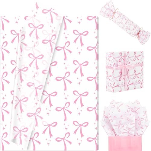100 Sheets Pink Bow Tissue Paper, 20 x 14 Inch Ribbon Patterns Wrapping Tissue Paper for Birthday Wedding Baby Shower Gift Wrapping Holiday Bouquet (Pink)