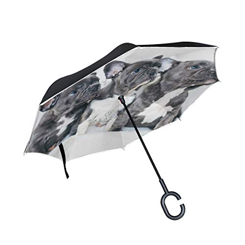 Orediy - Parapluie inversé Mignon Bouledogue Chiot Chiot Double Couche pour Voiture - Grand Parapluie extérieur Anti-UV - Coupe-Vent
