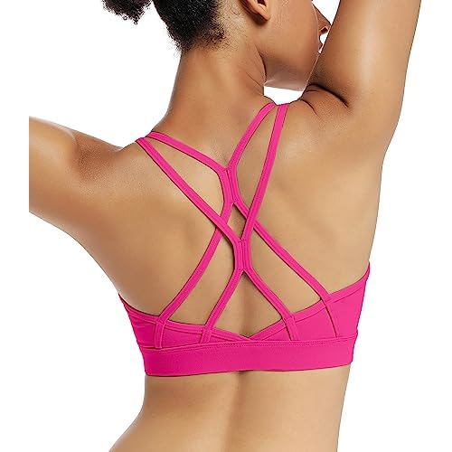 RUNNING GIRL Strappy Sports Bra for Women Sexy Crisscross Back Light Support Yoga Bra with Removable Cups Small Hot Pink