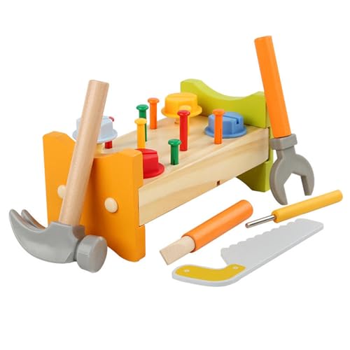 Image of Wooden Tool Kit for Kids | Pretend Play Construction Toy Set | STEM Educational Mechanic Toy for Boys & Girls Ages 3-8 | Montessori Toy (Nut Table)