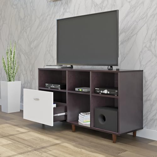 Image of VIKI Modern TV Unit for Living Room | Engineered Wood TV Cabinet with 1 Drawer Storage & 3 Open Shelves, Entertainment Unit, 140W x 74H x 40D cm | DIY | 1 Year Warranty (Wenge & White)