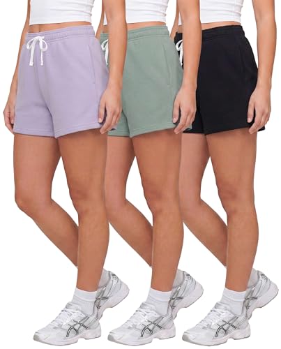 Real Essentials 3 Pack: Womens Fleece Lounge Shorts Athletic Workout Gym Sweat Sleep Casual Comfy with Pockets- Set 5 S