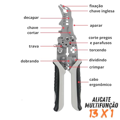 Alicate Multifunção 13 em 1, Corta, Decapa, Divide, Torcendo e Crimpa Cabos, Cabo Ergonômico