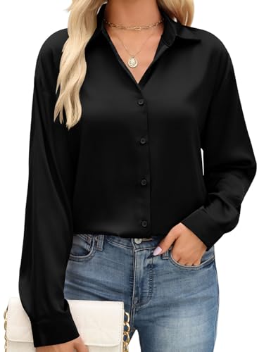 PASUDA Camisas Mujer Elegantes Blusas Manga Larga Raso Camiseta Otoño Informal Botón Camisa Moda Cuello en V Túnica Tops Casual Fiesta Empresa Trabajo Blusa(Negro,M)