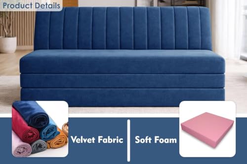 Image of 3-Seater Foldable Floor Sofa Bed with Adjustable Backrest Modern Velvet Fabric Folding Couch for Living Room, Guest Room & Small Spaces - Blue Color