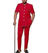 MaxPick Africa Men's Suit Short Sleeve Metal Single Breasted Shirt Long Pants 2 Piece Set Casual ...