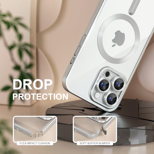 Image of Misea Magnetic for iPhone 16 Pro Case Compatible with MagSafe | Never Yellowing, Military Drop Protection, Full Camera Lens Protector Plating Soft Clear Phone Case Women, Titanium Silver