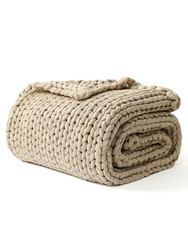 YnM Cotton Weighted Blanket, Handmade Chunky Knitted Design, Soft and Cozy, Temperature Regulating and Breathable, Machine Washable Throw for Sleep or Home Decor (Beige, 48x72 Inch, 20lbs)
