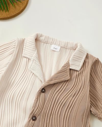Image of Toddler 4t Boy Clothes Short Sleeve Button Down Shirt And Shorts With Vest Summer Beach 5t Boy Outfits Fashion Color-Blocked Beige And Brown Causal Kid Clothing Set