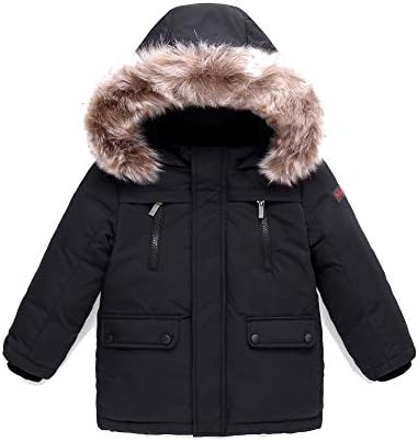 UWBACK Boys Winter Jacket Kids Hooded Down Coats Warm Parka with Faux Fur Trim for Girls Black 130