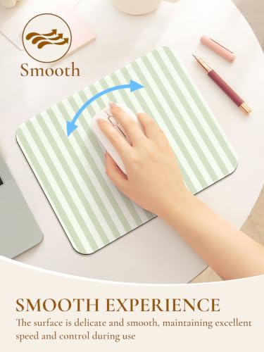 Image of Square Cute Striped Mouse Pad with Stitched Edge, Premium Waterproof Cloth Aesthetic Small Stripe Mouse Mat, Non-Slip Rubber Base Funny Mousepad Desk Accessories,Striped Green Beige