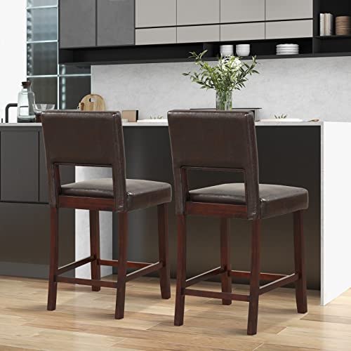 Image of COSTWAY Bar Stools Set of 2, PVC Leather 24.5 Inch Counter Height Chairs with Hollowed Backs, Rubber Wood Legs, Upholstered Barstools for Kitchen Island Home Bar Pub Dining Room, Brown