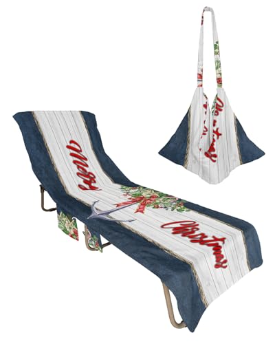 Christmas Anchor Beach Chair Towel Covers for Chaise Lounge with Side Pocket, Soft Plush Pool Towels Cover for Patio Sunbathing Outdoor 29''x85'' Nautical Luxurious Berry