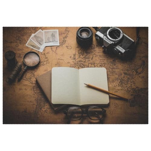 LVTISEE Vintage Old World Map Fotokameras Notebook Lupe Tischset für Esstisch 1 Stück, Stoff-Tischset, hitzebeständig, schmutzabweisend, waschbar, Küchentischmatte