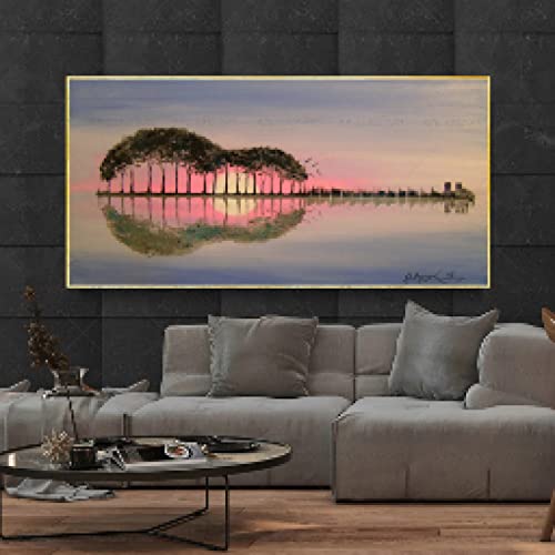 Toile guitare arbre lac peinture abstraite grand format 60x120cm affiche murale pour salon