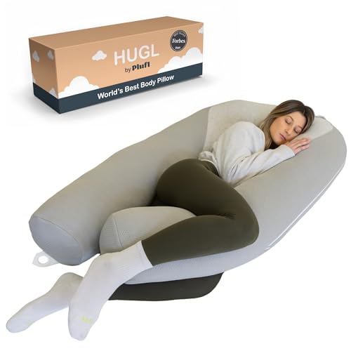 Plufl Hugl Cooling Body Pillow for Adults Made with CloudSupport Fill | U Shaped Maternity Pillows Great for Side Sleepers & Pregnant Women | Washable Cover | Grey