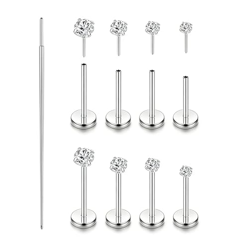 LongMiss Flat Back Earrings Stud G23 Titanium Nose Rings Helix Piercing Threadless Tragus Labret Cartilage Lip Medusa Conch Body Piercing Jewelry Hypoallergenic for Women Men