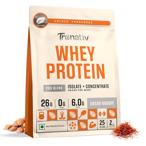 Trunativ Pro Blend Whey Protein Powder Isolate & Concentrate | 100% Light & Clean Protein Powder | 26g Protein | 6g BCAA | 12.52g EAA | No added sugar | Kesar Badam 2lbs (907g)