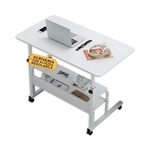 Avilia – Scrivania Regolabile in Altezza 69–85 cm con Ruote e 2 Mensole per Laptop e Studio, Struttura Robusta, Ideale per Casa e Ufficio, Design Moderno e Facilmente Spostabile