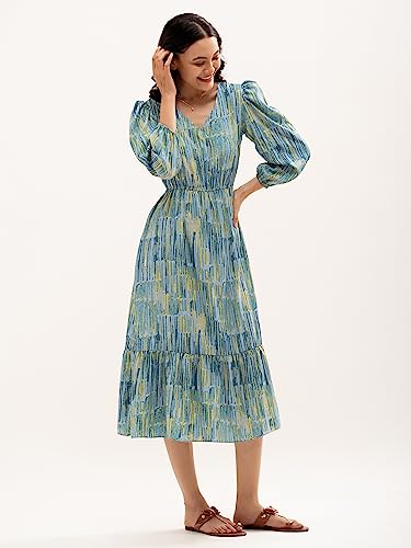 Image of AASK Abstract Printed Puff Sleeve Gathered Detailed Fit Flare Dress