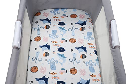Image of Onacosht Bassinet Sheets for Baby Boy and Girl, Stretchy Fitted Sheet Universal for Bassinet Cradle Hourglass Oval Rectangle Pad /Mattress, 4 Pack Undersea Fish, Animal and Dinosaur Printing