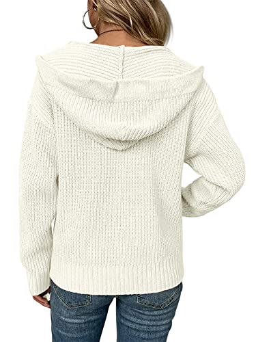Women Zipper Up Hoodied Cardigan Casual Knitted Sweater Tops Long Sleeve Pullovers With Pockets White #TOP2