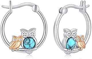 Owl Earrings for Women Girls 925 Sterling Silver Mother Child Owl Earrings Huggie Hoop Earrings Hypoallergenic Turquoise Earrings Jewellery Birthday Mother's Day Gifts for Daughter Mom