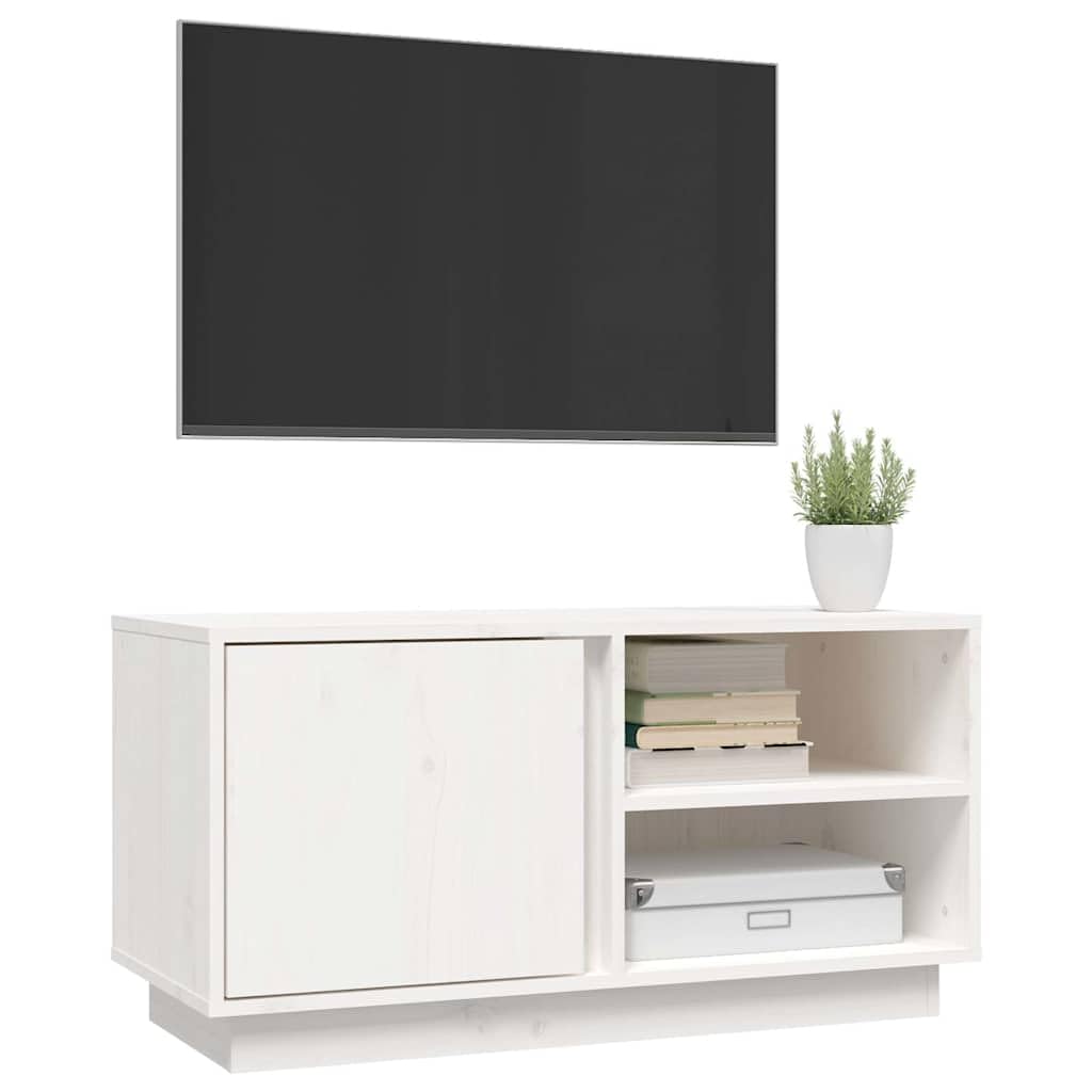 Biała szafka pod telewizor z litego drewna sosnowego, 80 x 35 x 40,5 cm, z miejscem do przechowywania, 3 półki i drzwiami, szafka do salonu na stolik pod telewizor, szafka pod telewizor